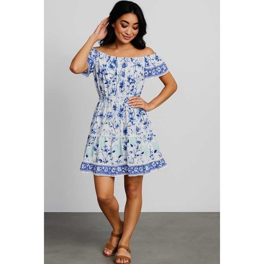 TAJ by Sabrina Crippa‎ Blue Floral Boho Tiered Mini Dress S